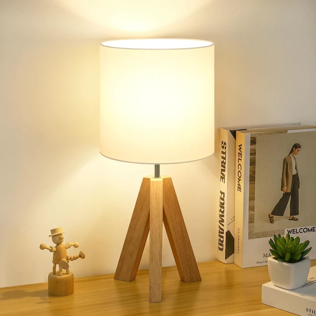 Main image of Small Beside Table Lamp, Wood Tripod Table Lamp with White Fabric Shade, Cute Boho Nightstand Minimalist Desk Lamp for Bedroom Living Room Nursery Kids Room Office Dorm, Bulb Not Included
