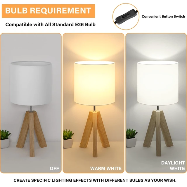 Alt view image 2 of 7 - Small Beside Table Lamp, Wood Tripod Table Lamp with White Fabric Shade, Cute Boho Nightstand Minimalist Desk Lamp for Bedroom Living Room Nursery Kids Room Office Dorm, Bulb Not Included