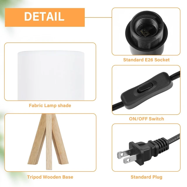 Alt view image 3 of 7 - Small Beside Table Lamp, Wood Tripod Table Lamp with White Fabric Shade, Cute Boho Nightstand Minimalist Desk Lamp for Bedroom Living Room Nursery Kids Room Office Dorm, Bulb Not Included
