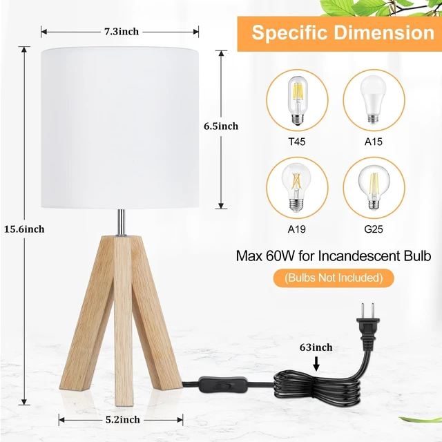 Alt view image 4 of 7 - Small Beside Table Lamp, Wood Tripod Table Lamp with White Fabric Shade, Cute Boho Nightstand Minimalist Desk Lamp for Bedroom Living Room Nursery Kids Room Office Dorm, Bulb Not Included