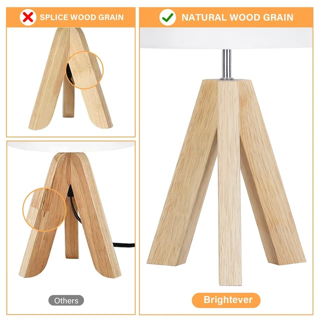 Alt view image 5 of 7 - Small Beside Table Lamp, Wood Tripod Table Lamp with White Fabric Shade, Cute Boho Nightstand Minimalist Desk Lamp for Bedroom Living Room Nursery Kids Room Office Dorm, Bulb Not Included