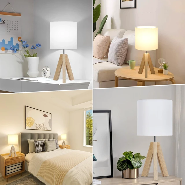 Alt view image 7 of 7 - Small Beside Table Lamp, Wood Tripod Table Lamp with White Fabric Shade, Cute Boho Nightstand Minimalist Desk Lamp for Bedroom Living Room Nursery Kids Room Office Dorm, Bulb Not Included