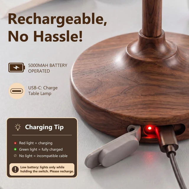 Alt view image 3 of 7 - Table Lamp Cordless Lamp,5000mAh Rechargeble Battery Operated Lamp | 11.02" Small Bedside Desk Lamps for Living Room Bedroom Decor,Dimmable Portable Table Lamps with Glass Shade-Walnut Grain