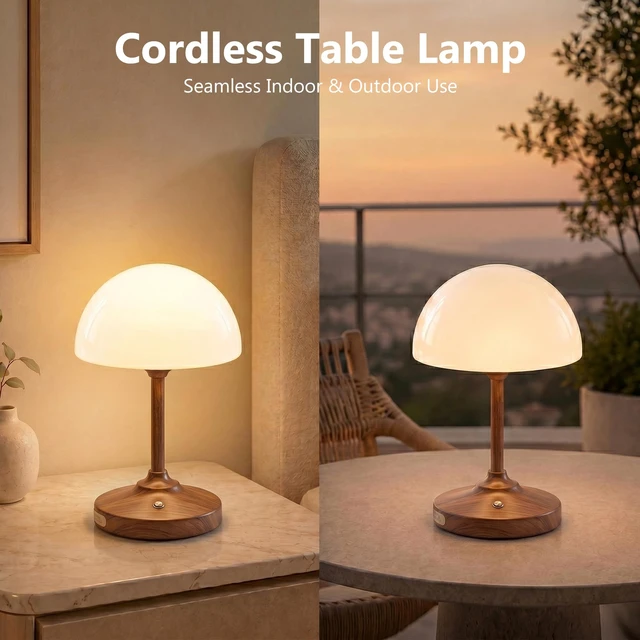 Alt view image 4 of 7 - Table Lamp Cordless Lamp,5000mAh Rechargeble Battery Operated Lamp | 11.02" Small Bedside Desk Lamps for Living Room Bedroom Decor,Dimmable Portable Table Lamps with Glass Shade-Walnut Grain