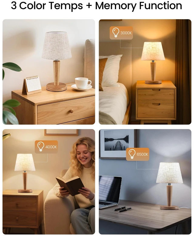 Alt view image 2 of 7 - 12" Wood Bedside Table Lamps Set of 2, Small Desk Lamps for Small Places, 3 Color Temperatures with Memory, Beige Linen Shade & E26 Bulbs, for Bedroom Living Room Office ME13TLP205