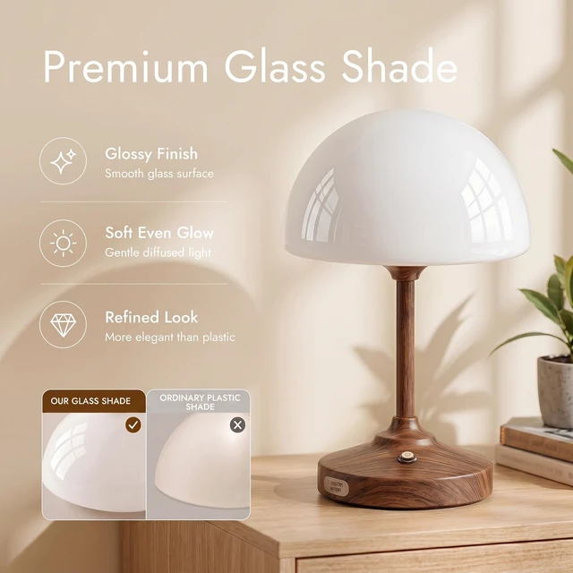 Alt view image 2 of 7 - Table Lamp Cordless Lamp,5000mAh Rechargeble Battery Operated Lamp | 11.02" Small Bedside Desk Lamps for Living Room Bedroom Decor,Dimmable Portable Table Lamps with Glass Shade-Walnut Grain