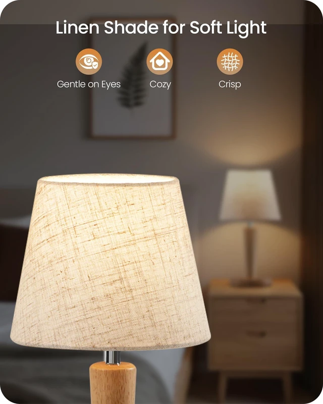 Alt view image 4 of 7 - 12" Wood Bedside Table Lamps Set of 2, Small Desk Lamps for Small Places, 3 Color Temperatures with Memory, Beige Linen Shade & E26 Bulbs, for Bedroom Living Room Office ME13TLP205