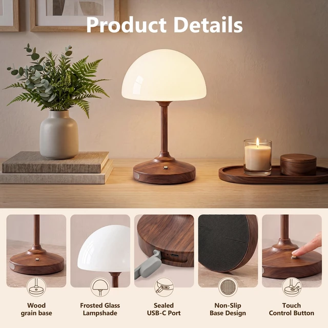 Alt view image 7 of 7 - Table Lamp Cordless Lamp,5000mAh Rechargeble Battery Operated Lamp | 11.02" Small Bedside Desk Lamps for Living Room Bedroom Decor,Dimmable Portable Table Lamps with Glass Shade-Walnut Grain