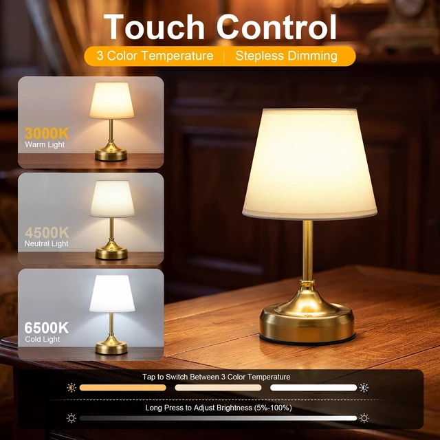 Alt view image 2 of 7 - Small Cordless Table Lamp Rechargeable Gold | 6000mAh Battery Operated Stepless Dimming Touch Control Portable LED for Nightstand Bedroom Living Room Restaurant Home Décor