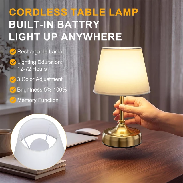 Alt view image 3 of 7 - Small Cordless Table Lamp Rechargeable Gold | 6000mAh Battery Operated Stepless Dimming Touch Control Portable LED for Nightstand Bedroom Living Room Restaurant Home Décor