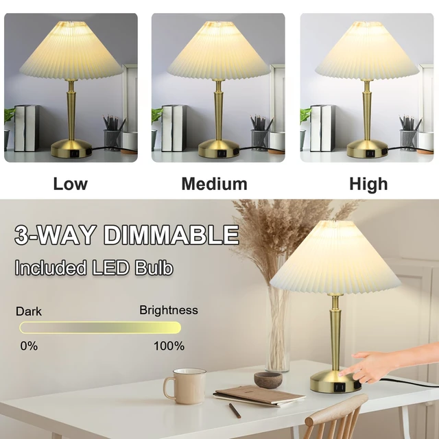 Alt view image 2 of 7 - Touch Bedside Table Lamp, Fabric Shade Small Table Lamp, Gold | Warm LED Bulb, 3Way Dimmable, Touch Table Lamp, Nightstand Desk Lamp for Bedroom & Living Room, Wonderful housewarming gift
