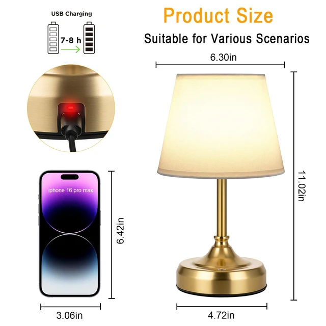 Alt view image 5 of 7 - Small Cordless Table Lamp Rechargeable Gold | 6000mAh Battery Operated Stepless Dimming Touch Control Portable LED for Nightstand Bedroom Living Room Restaurant Home Décor
