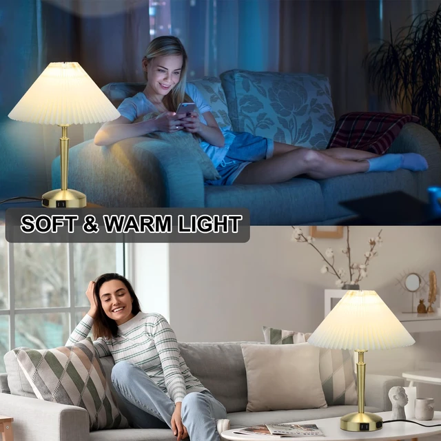 Alt view image 3 of 7 - Touch Bedside Table Lamp, Fabric Shade Small Table Lamp, Gold | Warm LED Bulb, 3Way Dimmable, Touch Table Lamp, Nightstand Desk Lamp for Bedroom & Living Room, Wonderful housewarming gift