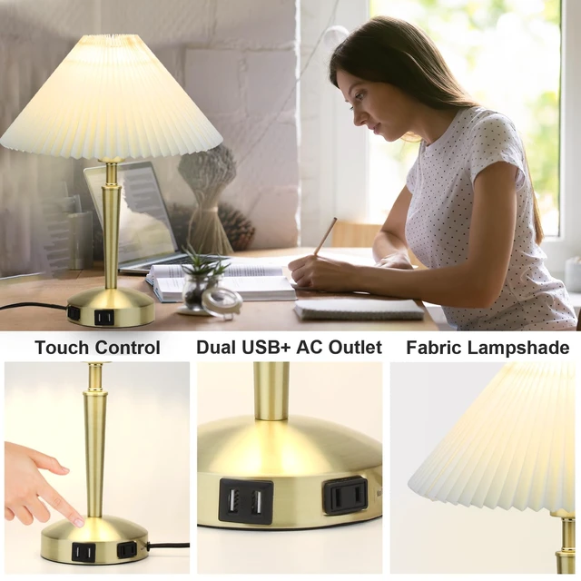 Alt view image 5 of 7 - Touch Bedside Table Lamp, Fabric Shade Small Table Lamp, Gold | Warm LED Bulb, 3Way Dimmable, Touch Table Lamp, Nightstand Desk Lamp for Bedroom & Living Room, Wonderful housewarming gift