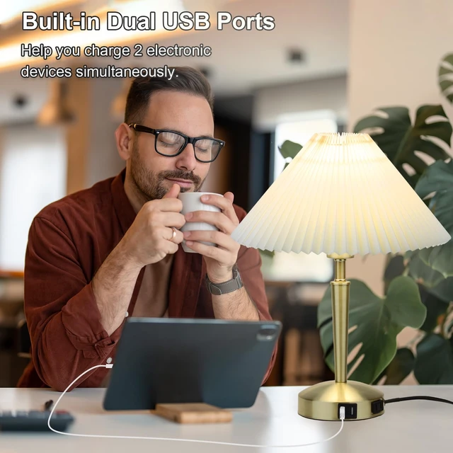 Alt view image 4 of 7 - Touch Bedside Table Lamp, Fabric Shade Small Table Lamp, Gold | Warm LED Bulb, 3Way Dimmable, Touch Table Lamp, Nightstand Desk Lamp for Bedroom & Living Room, Wonderful housewarming gift
