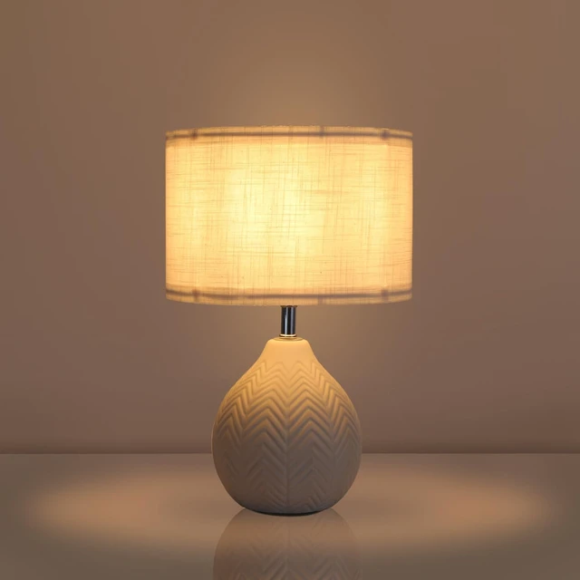 Alt view image 2 of 6 - 12" White Ceramic Table Lamp, Small Bedside Nightstand Lamp | Small Lamp with Linen ShadeMid Century Modern Cute Desk Lamps for Bedroom, Living Room, Office, Entryway, Reading Room