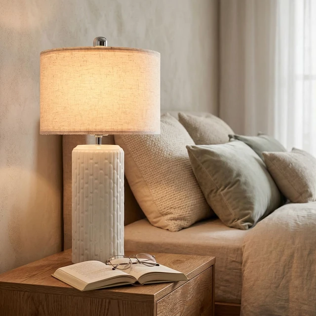 Alt view image 4 of 6 - Modern Ceramic Table Lamps Set of 2 for Bedroom, 20.9" Farmhouse Bedside Nightstand Lamps with Lamp Shades, Boho White Washed Desk Lamps for Living Room, Office, Dorm, Home Décor