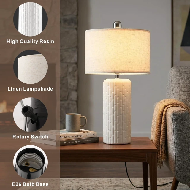 Alt view image 5 of 6 - Modern Ceramic Table Lamps Set of 2 for Bedroom, 20.9" Farmhouse Bedside Nightstand Lamps with Lamp Shades, Boho White Washed Desk Lamps for Living Room, Office, Dorm, Home Décor
