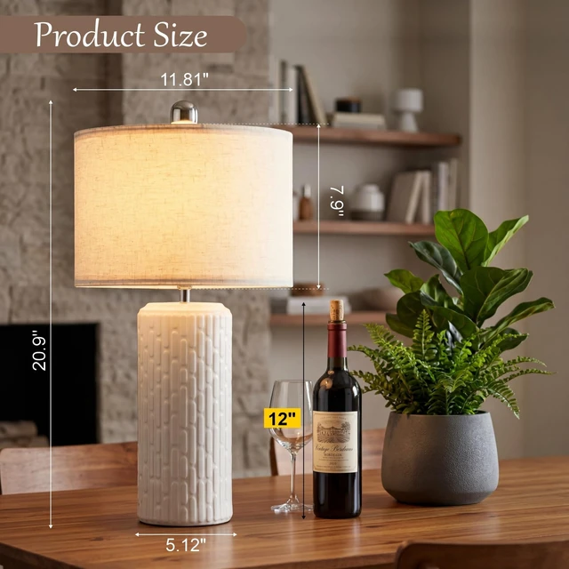 Alt view image 2 of 6 - Modern Ceramic Table Lamps Set of 2 for Bedroom, 20.9" Farmhouse Bedside Nightstand Lamps with Lamp Shades, Boho White Washed Desk Lamps for Living Room, Office, Dorm, Home Décor