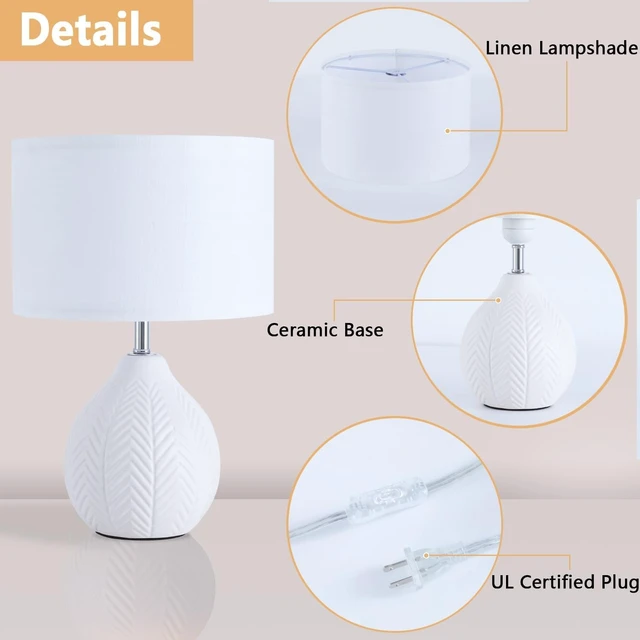 Alt view image 6 of 6 - 12" White Ceramic Table Lamp, Small Bedside Nightstand Lamp | Small Lamp with Linen ShadeMid Century Modern Cute Desk Lamps for Bedroom, Living Room, Office, Entryway, Reading Room
