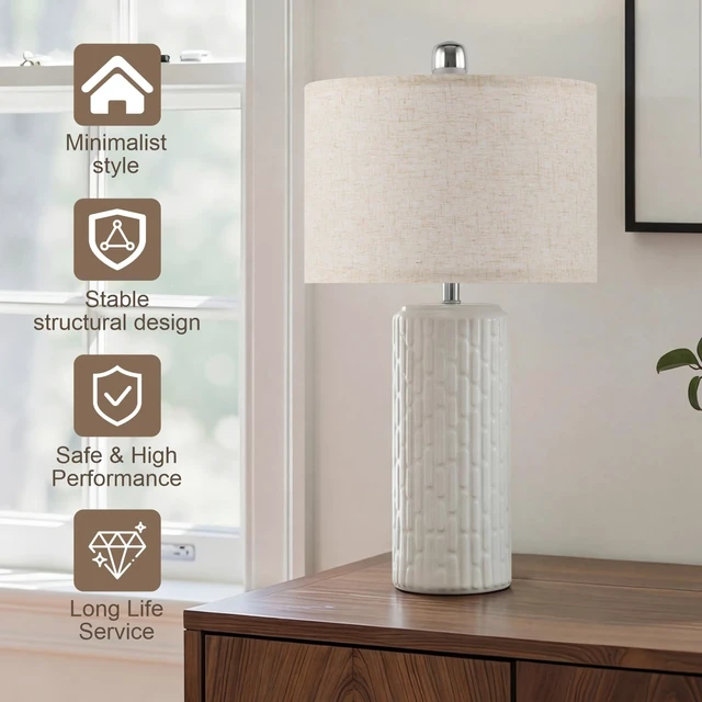 Alt view image 3 of 6 - Modern Ceramic Table Lamps Set of 2 for Bedroom, 20.9" Farmhouse Bedside Nightstand Lamps with Lamp Shades, Boho White Washed Desk Lamps for Living Room, Office, Dorm, Home Décor