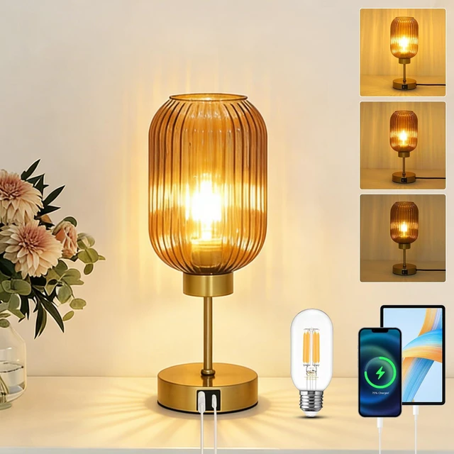 Main image of Vintage Gold Touch Table Lamp, Small Desk Lamp with Amber Glass Shade, Bulb, Charging Port, Mid Century Modern Bedside Lamp, 3 Way Dimmable Nightstand Lamp for Bedroom Living Room Home Office