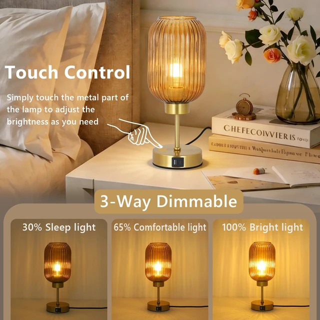 Alt view image 2 of 7 - Vintage Gold Touch Table Lamp, Small Desk Lamp with Amber Glass Shade, Bulb, Charging Port, Mid Century Modern Bedside Lamp, 3 Way Dimmable Nightstand Lamp for Bedroom Living Room Home Office