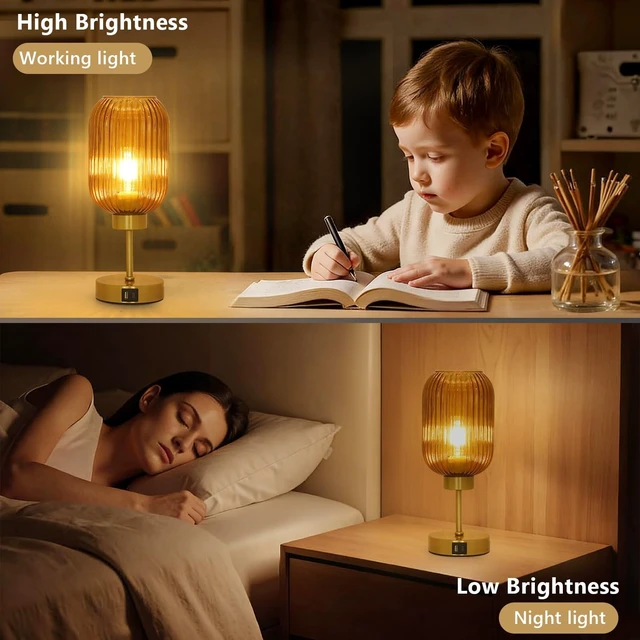 Alt view image 3 of 7 - Vintage Gold Touch Table Lamp, Small Desk Lamp with Amber Glass Shade, Bulb, Charging Port, Mid Century Modern Bedside Lamp, 3 Way Dimmable Nightstand Lamp for Bedroom Living Room Home Office