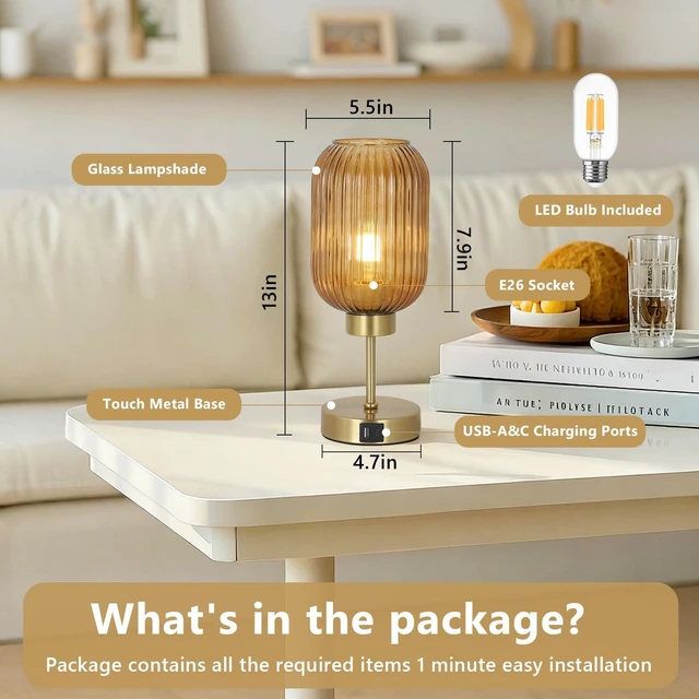Alt view image 4 of 7 - Vintage Gold Touch Table Lamp, Small Desk Lamp with Amber Glass Shade, Bulb, Charging Port, Mid Century Modern Bedside Lamp, 3 Way Dimmable Nightstand Lamp for Bedroom Living Room Home Office