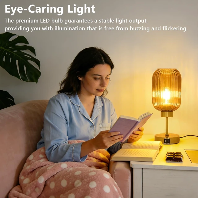 Alt view image 5 of 7 - Vintage Gold Touch Table Lamp, Small Desk Lamp with Amber Glass Shade, Bulb, Charging Port, Mid Century Modern Bedside Lamp, 3 Way Dimmable Nightstand Lamp for Bedroom Living Room Home Office