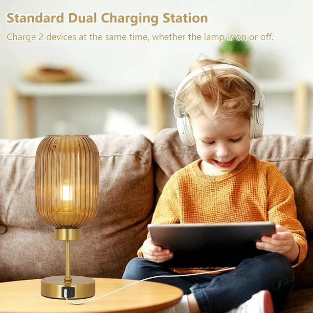 Alt view image 6 of 7 - Vintage Gold Touch Table Lamp, Small Desk Lamp with Amber Glass Shade, Bulb, Charging Port, Mid Century Modern Bedside Lamp, 3 Way Dimmable Nightstand Lamp for Bedroom Living Room Home Office
