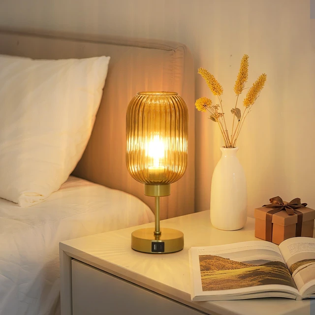 Alt view image 7 of 7 - Vintage Gold Touch Table Lamp, Small Desk Lamp with Amber Glass Shade, Bulb, Charging Port, Mid Century Modern Bedside Lamp, 3 Way Dimmable Nightstand Lamp for Bedroom Living Room Home Office