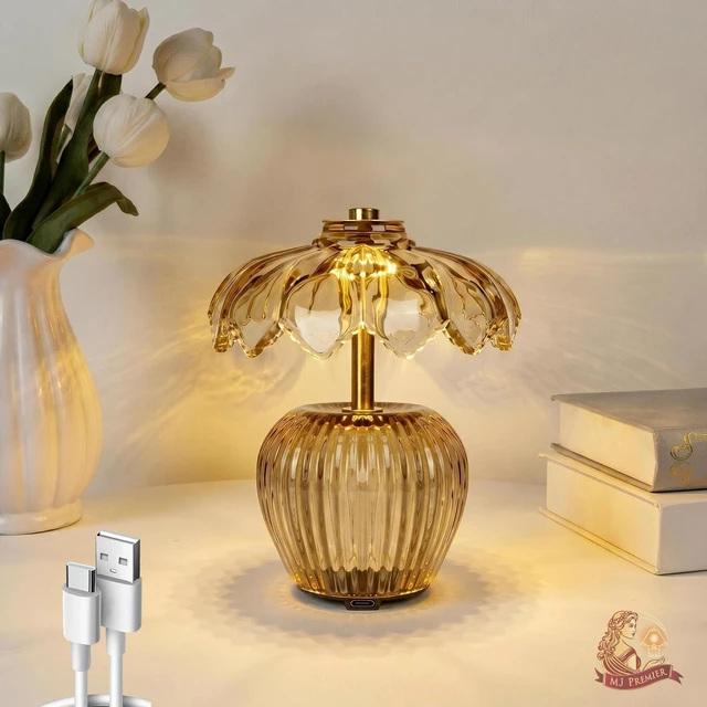 Main image of Rechargeable Table Lamp, Small Cordless Lamp with Timer, Yellow | Crystal Glass Flower Lampshade, Small Table Lamps, Decorative Led Light for Bedroom Living Room Shelf