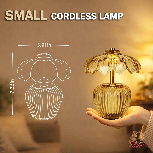 Alt view image 2 of 7 - Rechargeable Table Lamp, Small Cordless Lamp with Timer, Yellow | Crystal Glass Flower Lampshade, Small Table Lamps, Decorative Led Light for Bedroom Living Room Shelf