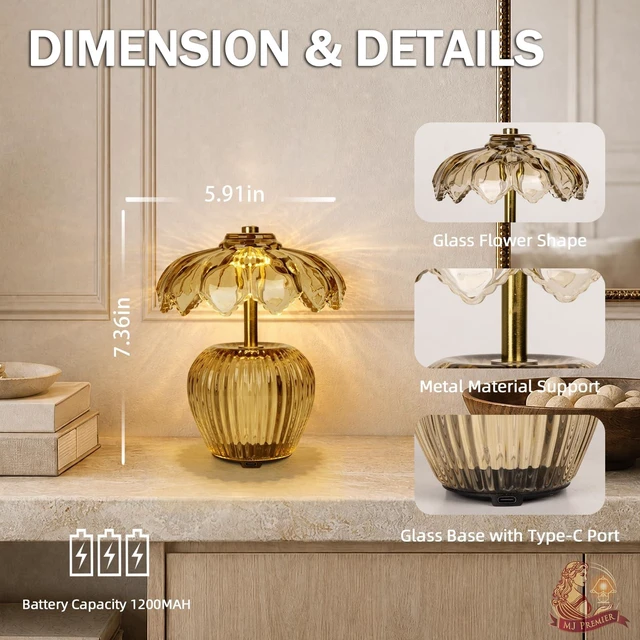 Alt view image 3 of 7 - Rechargeable Table Lamp, Small Cordless Lamp with Timer, Yellow | Crystal Glass Flower Lampshade, Small Table Lamps, Decorative Led Light for Bedroom Living Room Shelf
