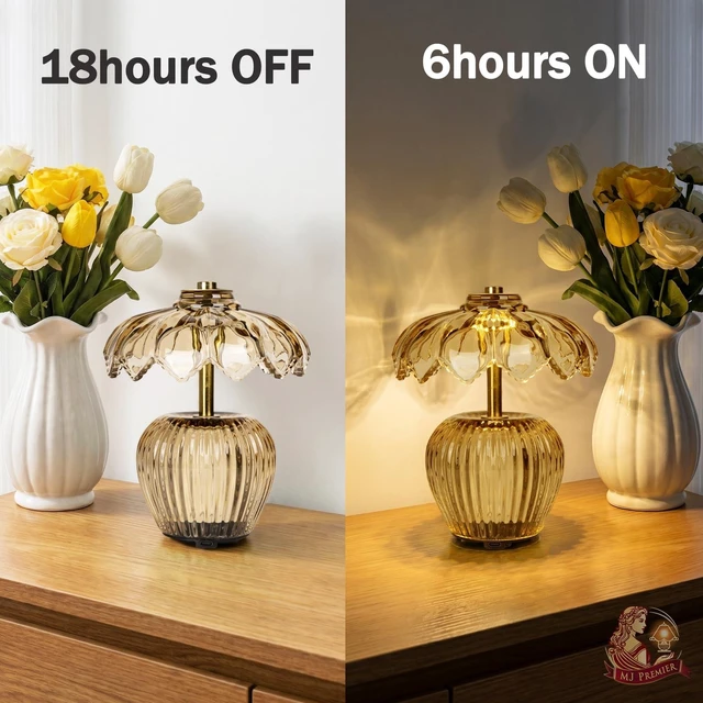Alt view image 4 of 7 - Rechargeable Table Lamp, Small Cordless Lamp with Timer, Yellow | Crystal Glass Flower Lampshade, Small Table Lamps, Decorative Led Light for Bedroom Living Room Shelf