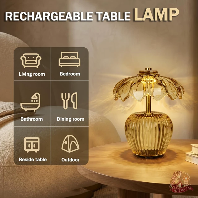 Alt view image 5 of 7 - Rechargeable Table Lamp, Small Cordless Lamp with Timer, Yellow | Crystal Glass Flower Lampshade, Small Table Lamps, Decorative Led Light for Bedroom Living Room Shelf