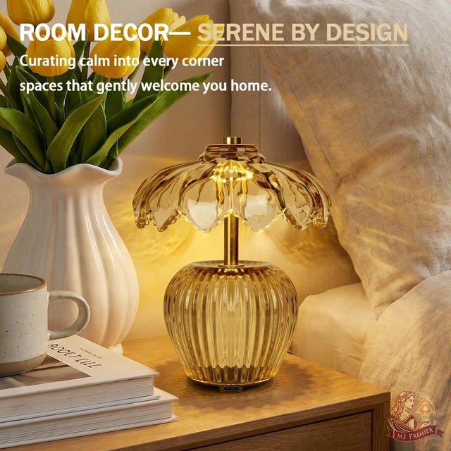 Alt view image 6 of 7 - Rechargeable Table Lamp, Small Cordless Lamp with Timer, Yellow | Crystal Glass Flower Lampshade, Small Table Lamps, Decorative Led Light for Bedroom Living Room Shelf