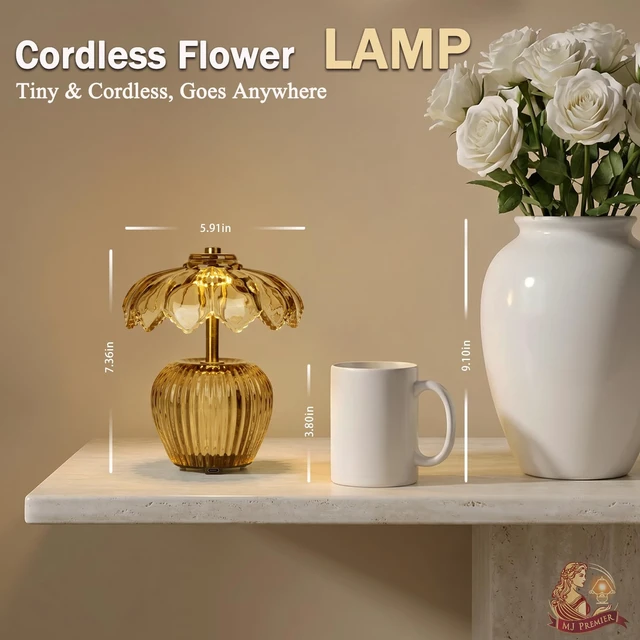 Alt view image 7 of 7 - Rechargeable Table Lamp, Small Cordless Lamp with Timer, Yellow | Crystal Glass Flower Lampshade, Small Table Lamps, Decorative Led Light for Bedroom Living Room Shelf