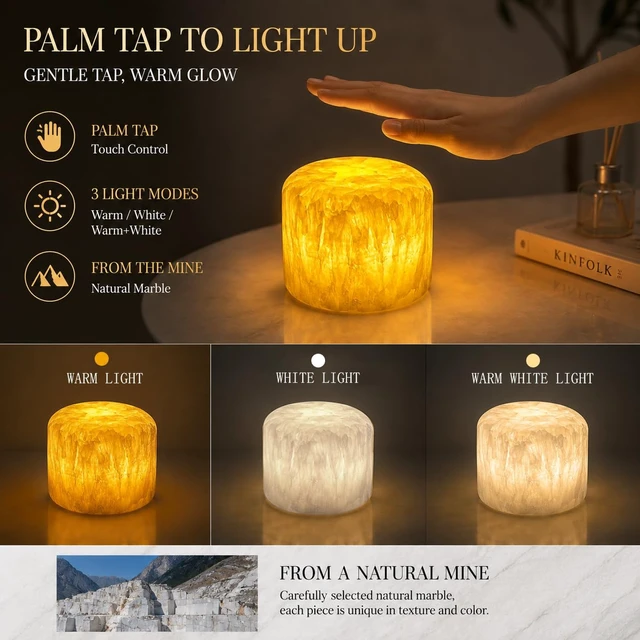 Alt view image 3 of 7 - Marble Lamp Night Light Pat Lamp Touch Bedside Table Lamp for Bedroom Type-C Rechargeable Small Desk Bedside Small Lamps Eye Caring Dimmable LED Ambient Lamp Golden Jade