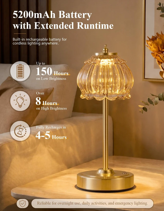 Alt view image 2 of 7 - Cordless Table Lamp, Glass Rechargeable Battery Operated Lamp, 3-Way Stepless Dimming Touch Lamps, Small Glass Bedside Nightstand Light for Bedroom Dining Table Living Room