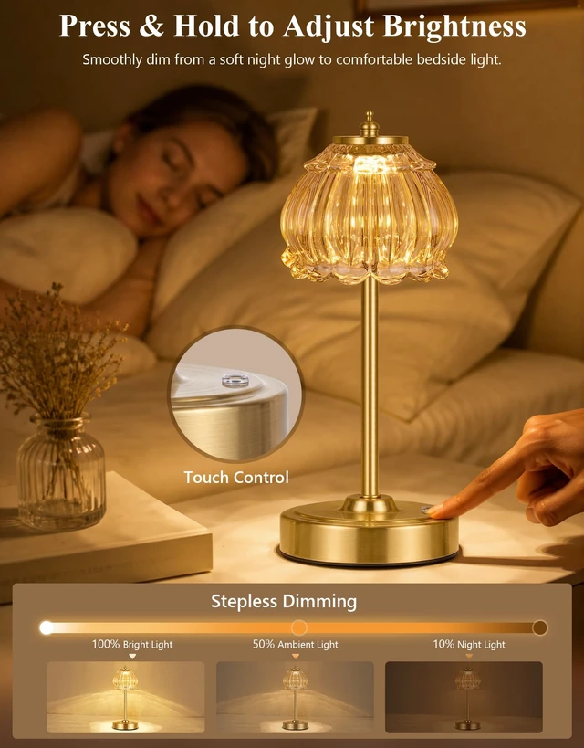 Alt view image 5 of 7 - Cordless Table Lamp, Glass Rechargeable Battery Operated Lamp, 3-Way Stepless Dimming Touch Lamps, Small Glass Bedside Nightstand Light for Bedroom Dining Table Living Room