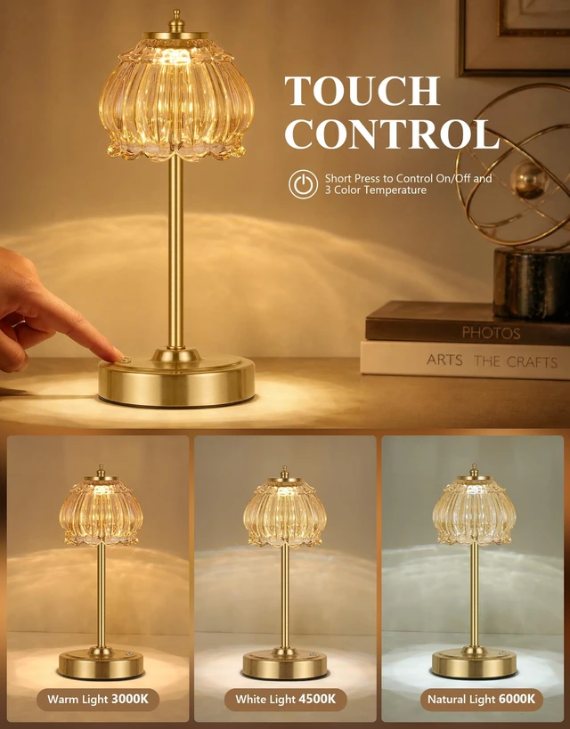 Alt view image 4 of 7 - Cordless Table Lamp, Glass Rechargeable Battery Operated Lamp, 3-Way Stepless Dimming Touch Lamps, Small Glass Bedside Nightstand Light for Bedroom Dining Table Living Room