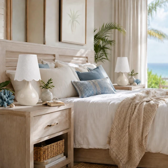 Alt view image 2 of 7 - 12" Beige Ceramic Table Lamp, Small Plug-in Bedside Lamp with Linen Shade, E26 Socket, 6FT Cord & Rocker Switch, Coastal Accent Lamp for Bedroom Nightstand, Living Room, Dorm