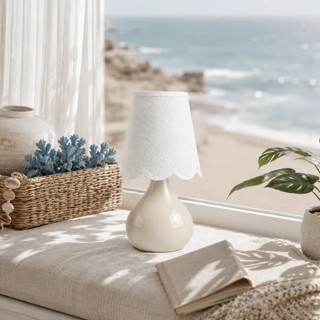 Alt view image 4 of 7 - 12" Beige Ceramic Table Lamp, Small Plug-in Bedside Lamp with Linen Shade, E26 Socket, 6FT Cord & Rocker Switch, Coastal Accent Lamp for Bedroom Nightstand, Living Room, Dorm