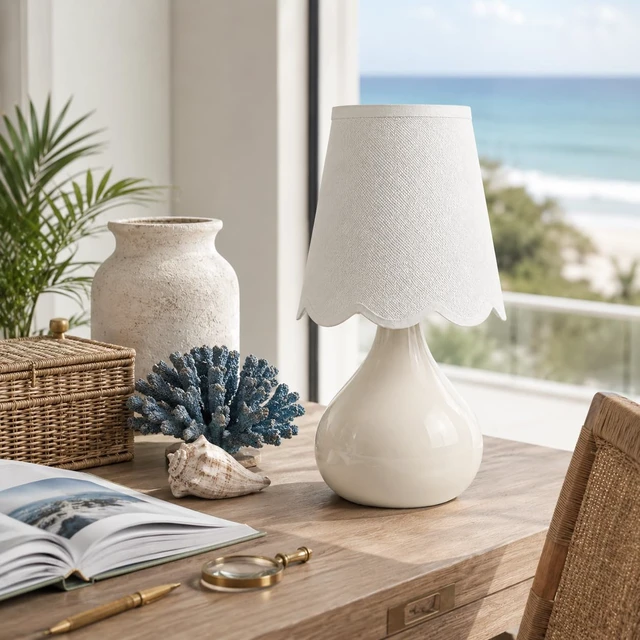 Alt view image 5 of 7 - 12" Beige Ceramic Table Lamp, Small Plug-in Bedside Lamp with Linen Shade, E26 Socket, 6FT Cord & Rocker Switch, Coastal Accent Lamp for Bedroom Nightstand, Living Room, Dorm