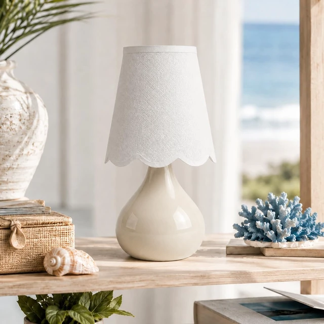 Alt view image 6 of 7 - 12" Beige Ceramic Table Lamp, Small Plug-in Bedside Lamp with Linen Shade, E26 Socket, 6FT Cord & Rocker Switch, Coastal Accent Lamp for Bedroom Nightstand, Living Room, Dorm