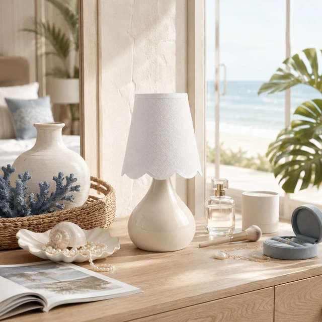 Alt view image 7 of 7 - 12" Beige Ceramic Table Lamp, Small Plug-in Bedside Lamp with Linen Shade, E26 Socket, 6FT Cord & Rocker Switch, Coastal Accent Lamp for Bedroom Nightstand, Living Room, Dorm