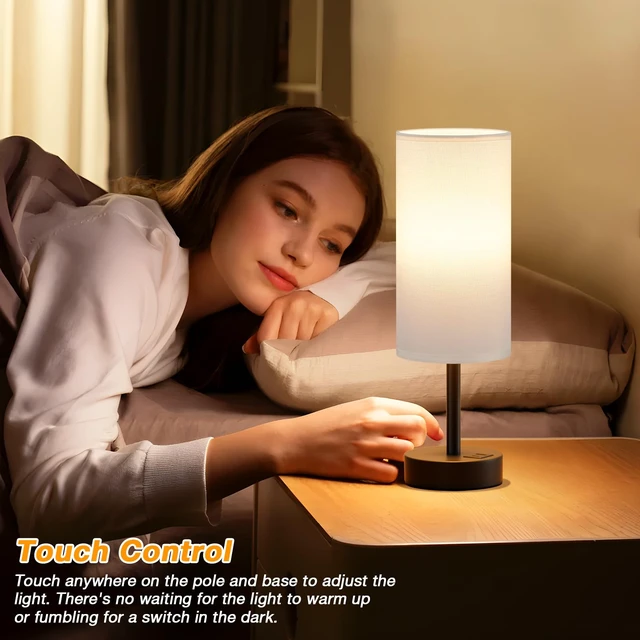 Alt view image 2 of 7 - Bedside Table Lamp for Bedroom - 3-Way Dimmable Touch Lamp, USB A+C | LED Bulb Included, 14" Small Nightstand Lamp for Desk, Living Room, Guest Room, White Fabric Lampshade, Black Metal Base
