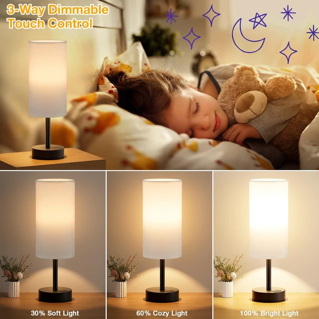 Alt view image 3 of 7 - Bedside Table Lamp for Bedroom - 3-Way Dimmable Touch Lamp, USB A+C | LED Bulb Included, 14" Small Nightstand Lamp for Desk, Living Room, Guest Room, White Fabric Lampshade, Black Metal Base